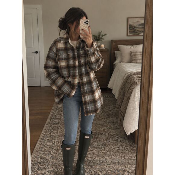 L.L. Bean Jackets & Blazers - L.L.Bean Neutral Plaid Fleece Shirt Jacket / Shacket – Size M